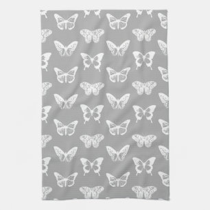 Butterfly sketch, silver grey and white kitchen towel