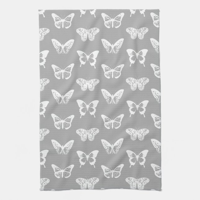 Butterfly sketch, silver grey and white kitchen towel (Vertical)