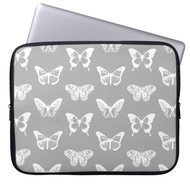 Butterfly sketch, silver grey and white laptop sleeve (Front)