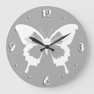 Butterfly sketch, silver grey and white large clock