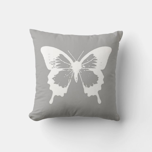 Butterfly sketch, silver grey and white throw pillow (Front)