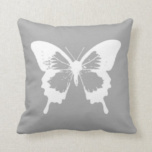 Butterfly sketch, silver grey and white throw pillow