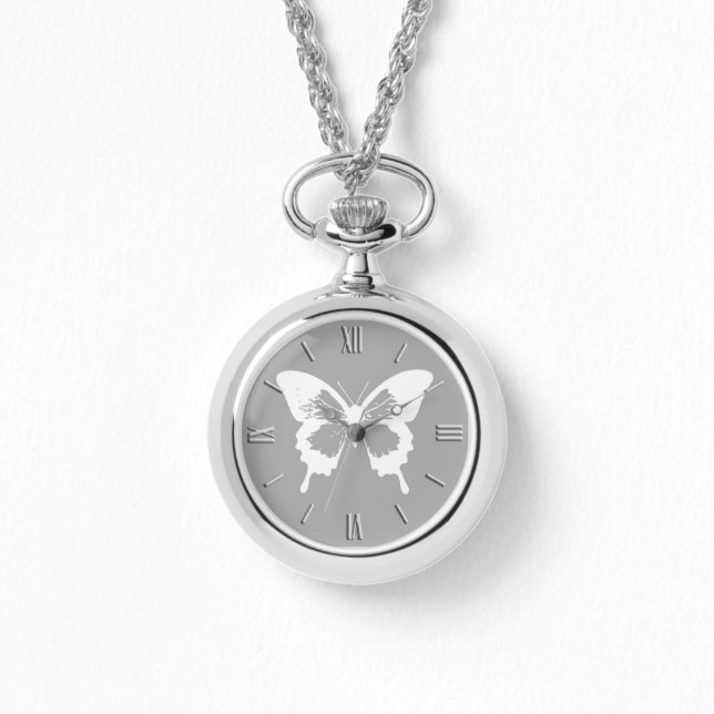 Butterfly sketch, silver grey and white watch (Front)