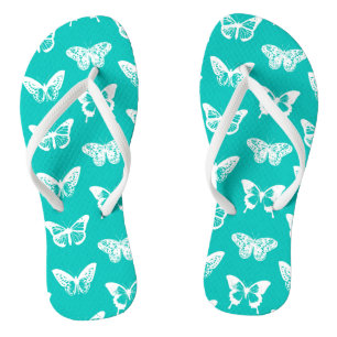 Butterfly sketch, turquoise and white flip flops