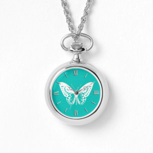 Butterfly sketch, turquoise and white watch