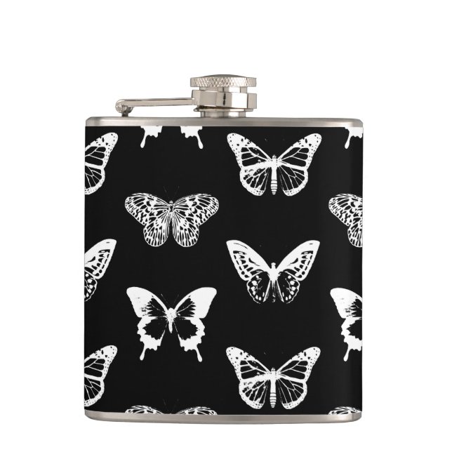 Butterfly sketch, white and black hip flask (Front)