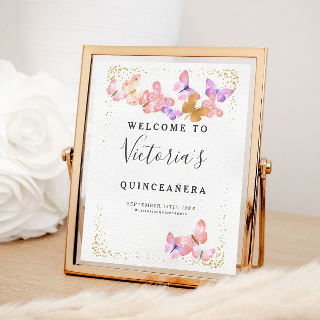 Butterfly Skies Coral Gold Butterflies Welcome Poster (Welcome Poster from my Butterfly Skies Quinceanera collections - order printed or digital)