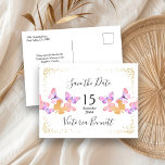 Butterfly Skies Coral Gold Confetti Save the Date Announcement Postcard<br><div class="desc">Pretty butterfly save the date card with personalized message on the back so you can customize for any occasion. The design has pretty watercolor butterflies in coral pink cream and gold with elegant handwritten script typography and gold confetti. Please browse my store for matching invitations, rsvp and mailing accessories in...</div>