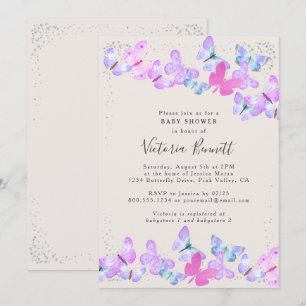 Butterfly Skies Pink Silver Confetti Baby Shower Invitation