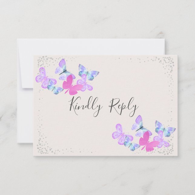 Butterfly Skies Pink Silver Confetti RSVP Card (Front)
