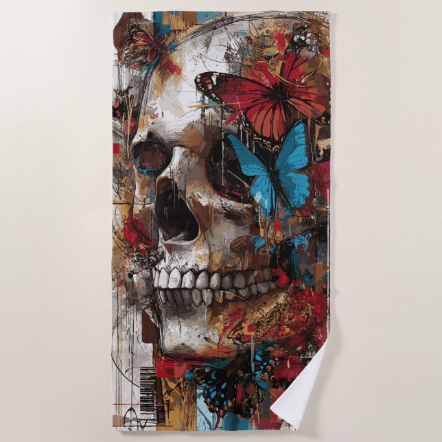 Butterfly Skull Collage Artwork Beach Towel (Front)