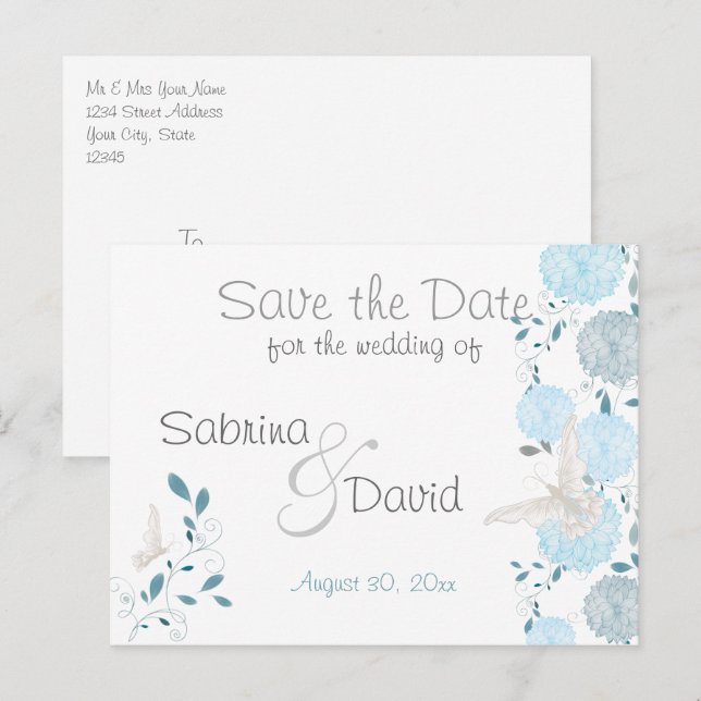 Butterfly Sky Blue Chrysanthemum Save the Date Announcement Postcard (Front/Back)