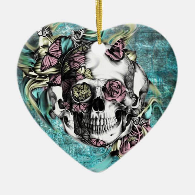 Butterfly smoke skull in blue pink and yellow. ceramic ornament (Front)