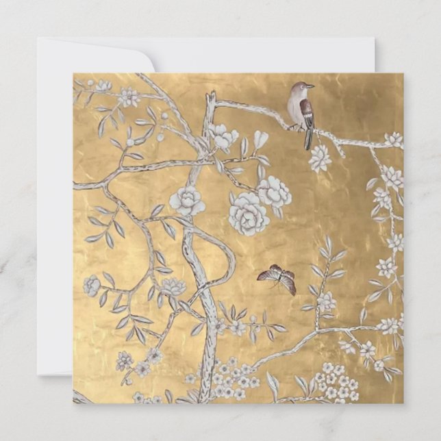 Butterfly & Sparrow Golden Oriental Garden Scene Invitation (Front)
