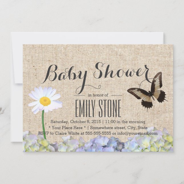 Butterfly & Spring Flowers Burlap Baby Shower Invitation (Front)