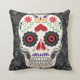 Butterfly Sugar Skull Day of the Dead Mexican Art Throw Pillow