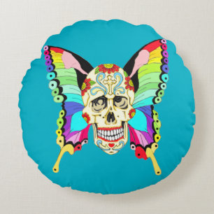 Butterfly Sugar Skull Round Pillow