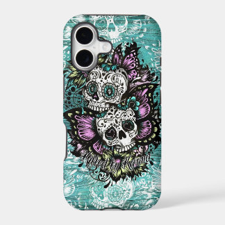 Butterfly sugar skulls illustration in blue.