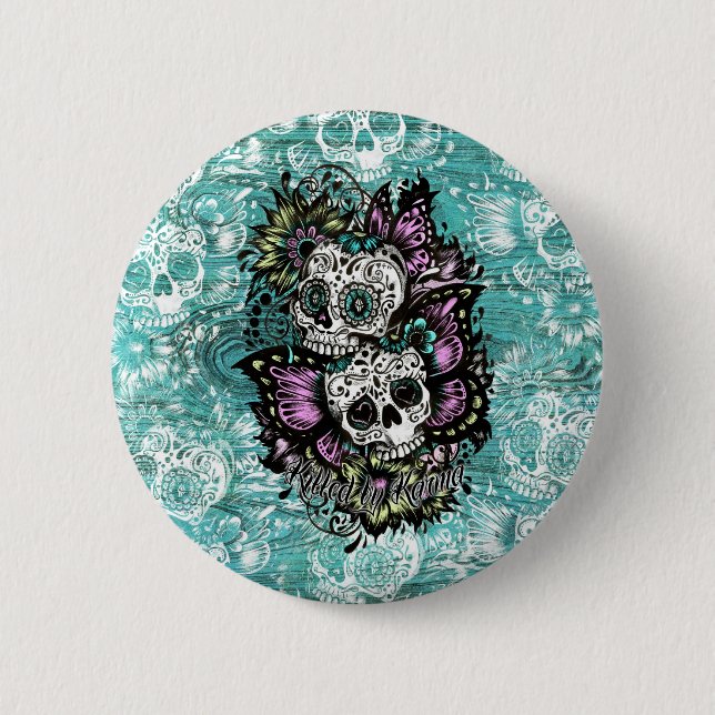Butterfly sugar skulls illustration in blue. 2 inch round button (Front)