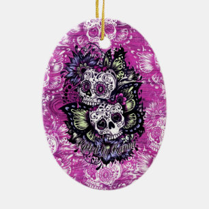 Butterfly sugar skulls on pink wood base. ceramic ornament