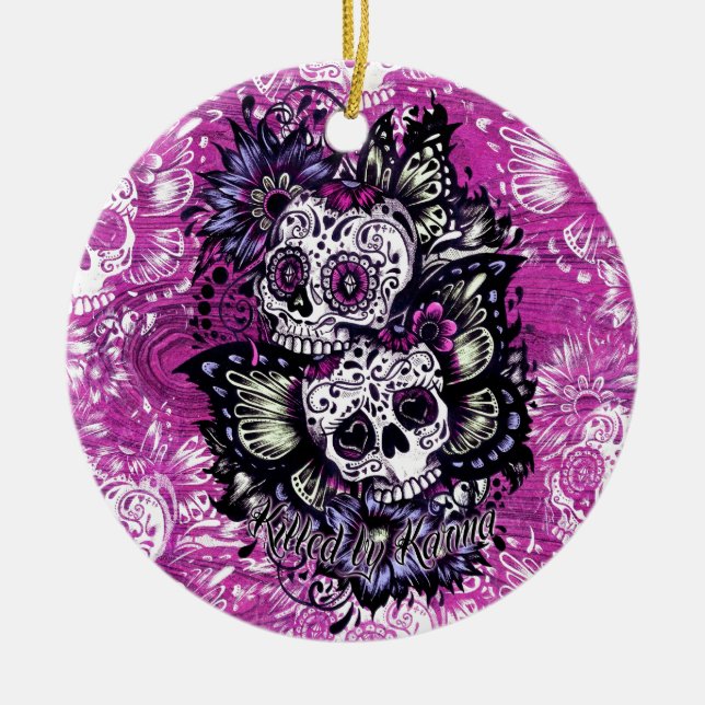 Butterfly sugar skulls on pink wood base. ceramic ornament (Front)