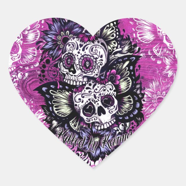 Butterfly sugar skulls on pink wood base. heart sticker (Front)