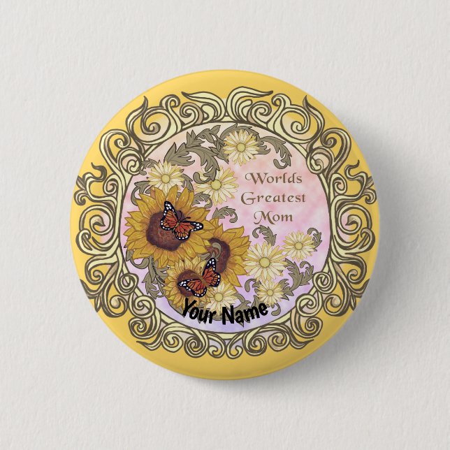 Butterfly Sunflower custom Mom  2 Inch Round Button (Front)