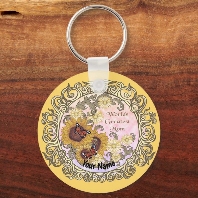Butterfly Sunflower Mom custom name Keychain (Front)