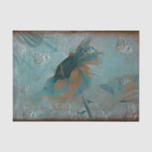 Butterfly Sunflower Teal Sepia Vintage Antique Art Tissue Paper