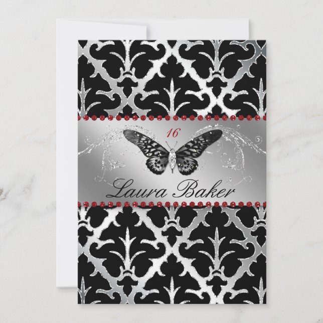 Butterfly Sweet 16 Invite Damask Red Sparkle (Front)