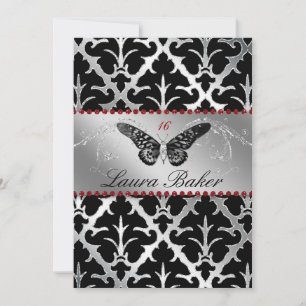 Butterfly Sweet 16 Invite Damask Red Sparkle