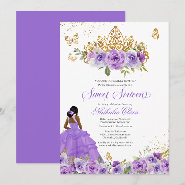 Butterfly Sweet 16 + Purple Watercolor Flowers Invitation (Front/Back)