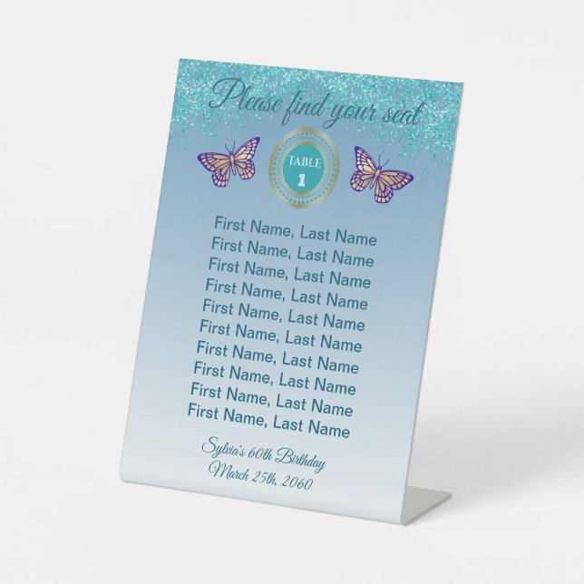 Butterfly & Teal Blue Glitter Table Number Sign (Front)