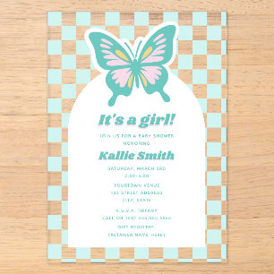 Butterfly Teal Chequerboard Girl Baby Shower Acrylic Invitations