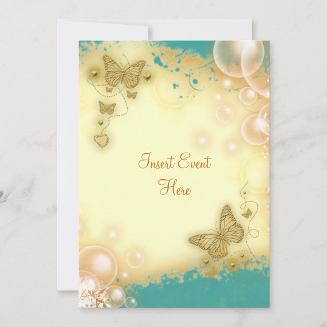 Butterfly teal gold wedding engagement invitation (Front)
