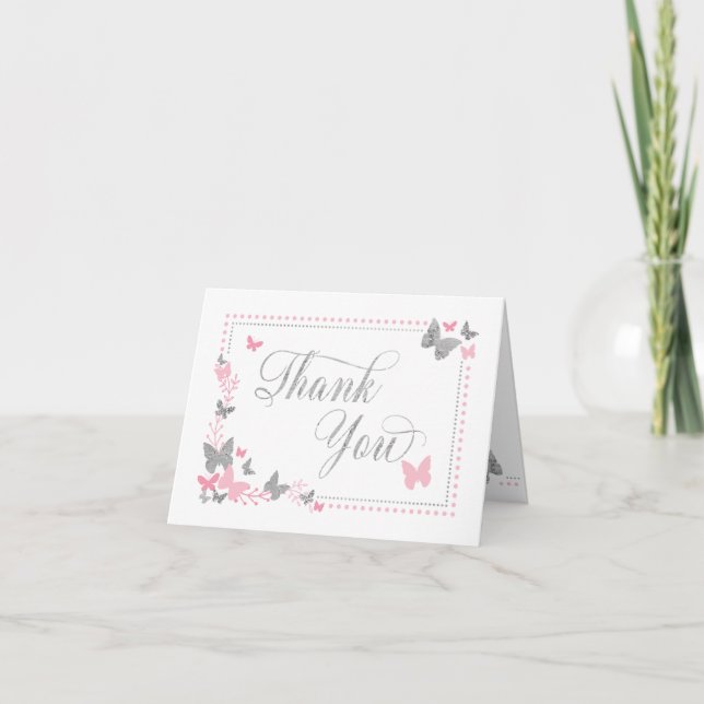 Butterfly Thank You Card, Pink, Grey Card (Front)