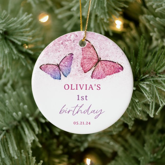 Butterfly Theme 1st Birthday Party Favour Ceramic Ornament (Tree)