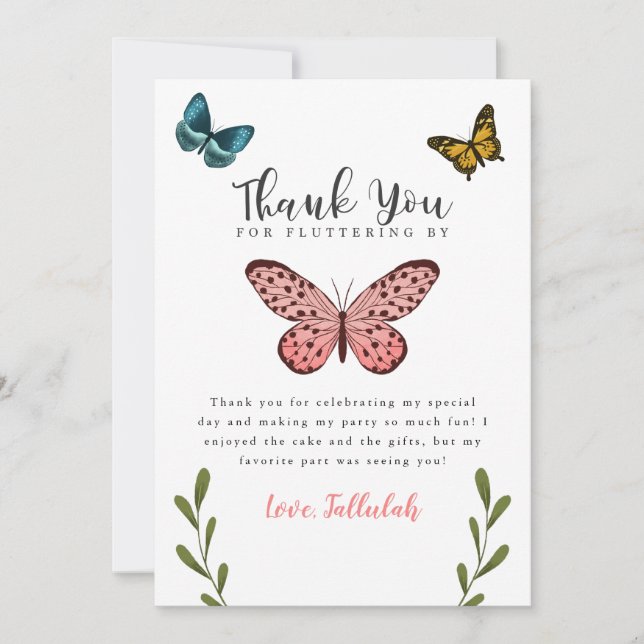 Butterfly Theme Girls Birthday Party Thank You Card (Front)