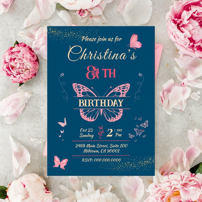 Butterfly themed 8th birthday blue colour  invitation (Creator Uploaded)