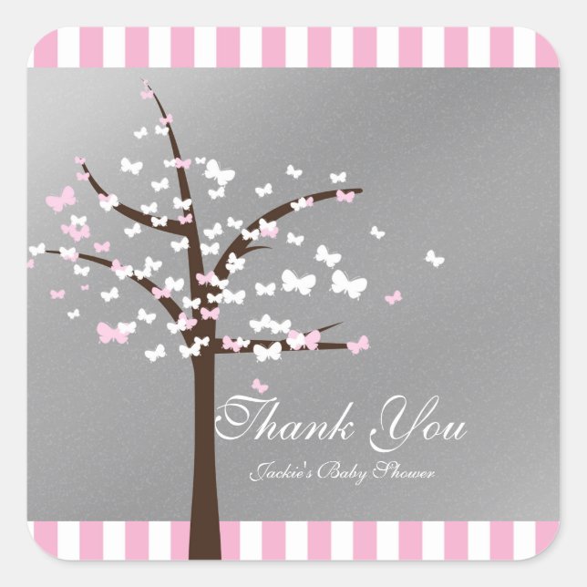 Butterfly Tree Pink & Grey Baby Shower Sticker (Front)