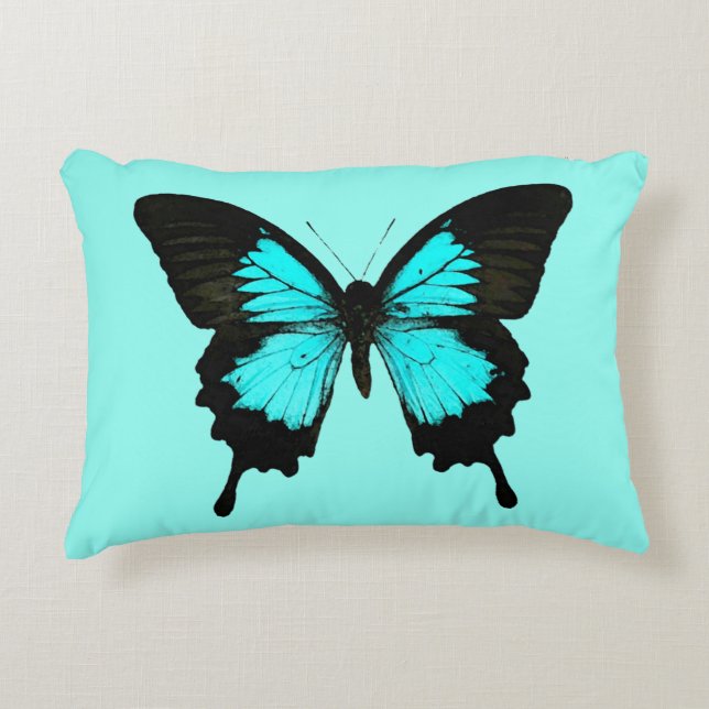 Butterfly - turquoise blue and black decorative pillow (Front)