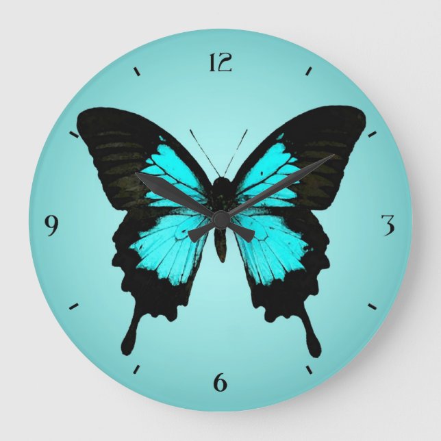 Butterfly - turquoise blue and black large clock (Front)
