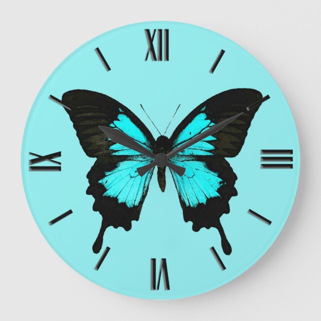 Butterfly - turquoise blue and black large clock (Front)