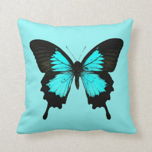 Butterfly - turquoise blue and black throw pillow