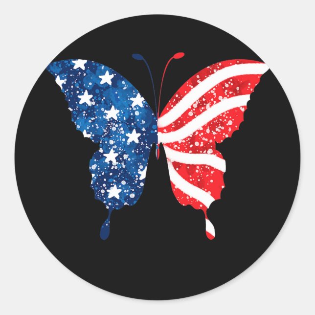 Butterfly USA Flag Patriotic Proud 4th Of July Classic Round Sticker (Front)