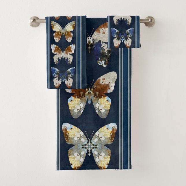 Butterfly, vertical stripes, navy blue, beige bath towel set (Insitu)