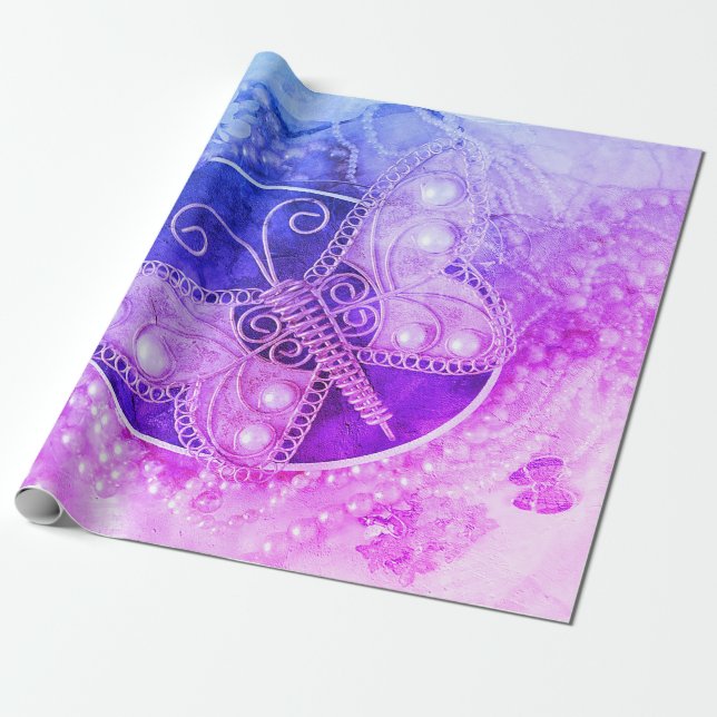 Butterfly Vintage Romantic Purple Pink Decoupage Wrapping Paper (Unrolled)