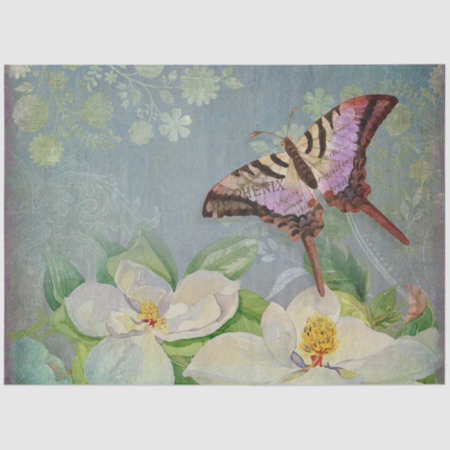 Butterfly w Magnolia Watercolor Floral Decoupage Tissue Paper (Front)
