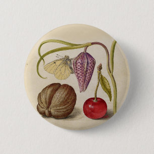 Butterfly Walnut Flower and cherry Watercolor 2 Inch Round Button