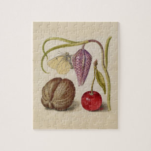 Butterfly Walnut Flower and cherry Watercolor Jigsaw Puzzle